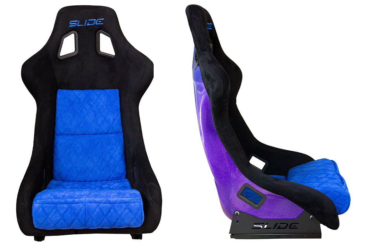 SLIDE - RACING SEAT KS2 Premium Black & Quilted Blue Suede Purple-Blue Glitter