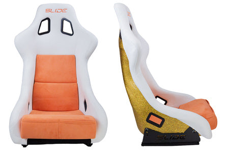 SLIDE - SPORTA KRĒSLS KS2 Premium White Orange Welur & Orange Glitter