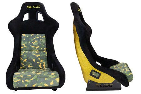 SLIDE - RACING SEAT KS2 Premium Camuflage Dark Green Welur & Yellow Glitter