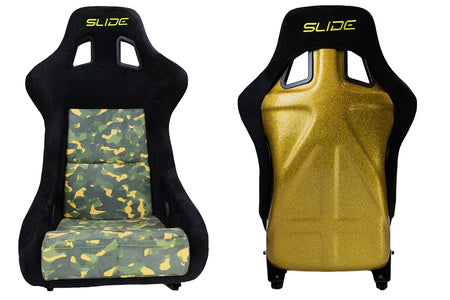 SLIDE - RACING SEAT KS2 Premium Camuflage Dark Green Welur & Yellow Glitter